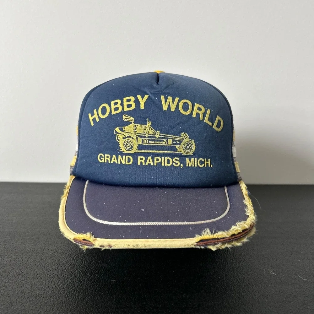 Vintage 80s Hobby World 3 Stripe Trucker Hat Cap Snap Back Adjustable Thrashed‎